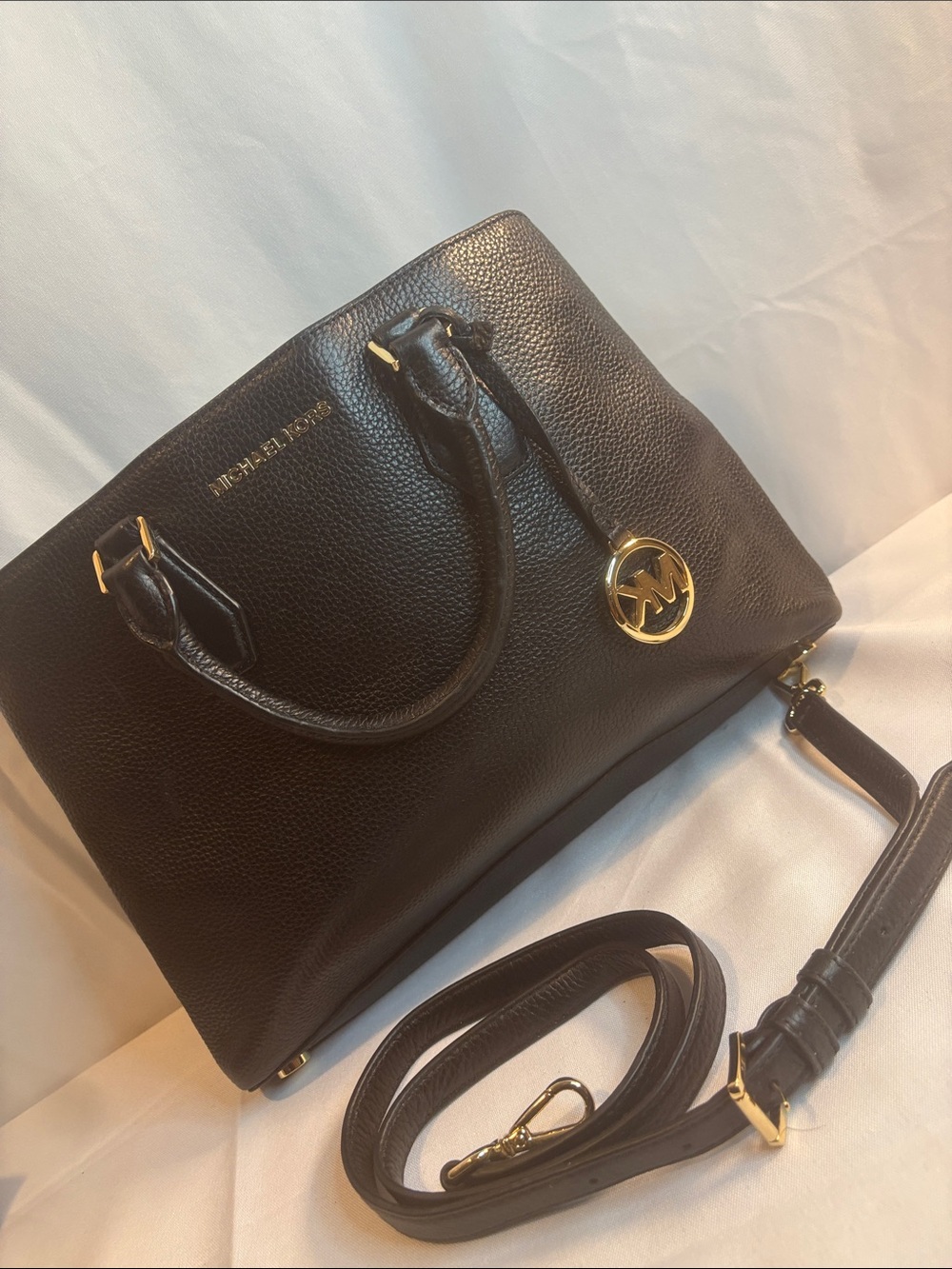 Michael Kors Black Pebbled Leather Satchel with Gold MK Charm